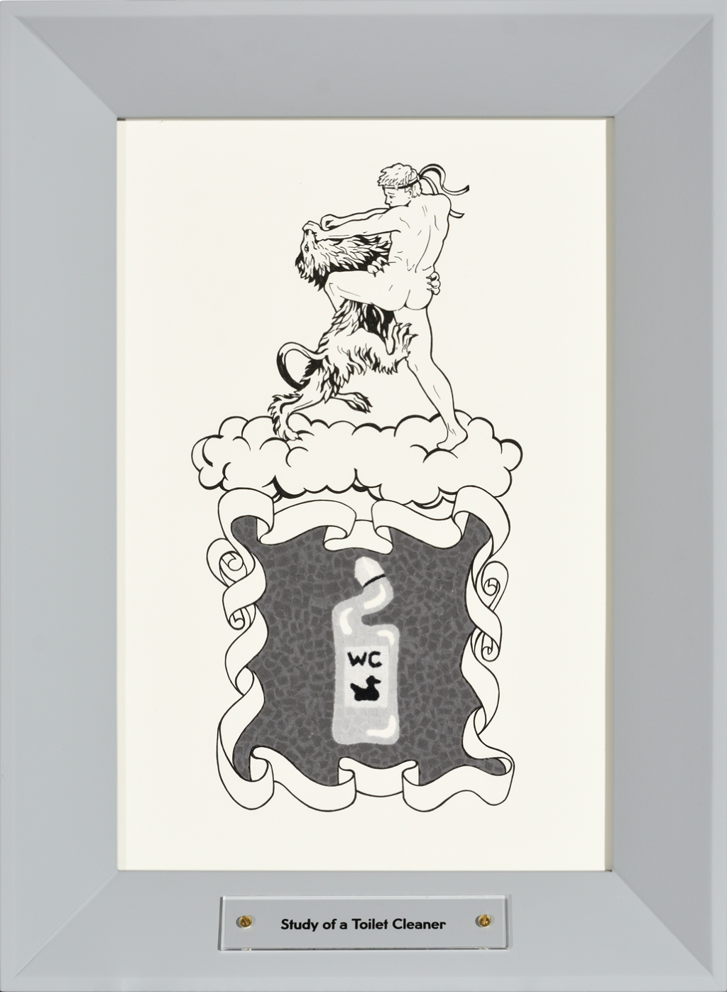 a coat of arms with a man wrestling a lion and a toilet cleaner