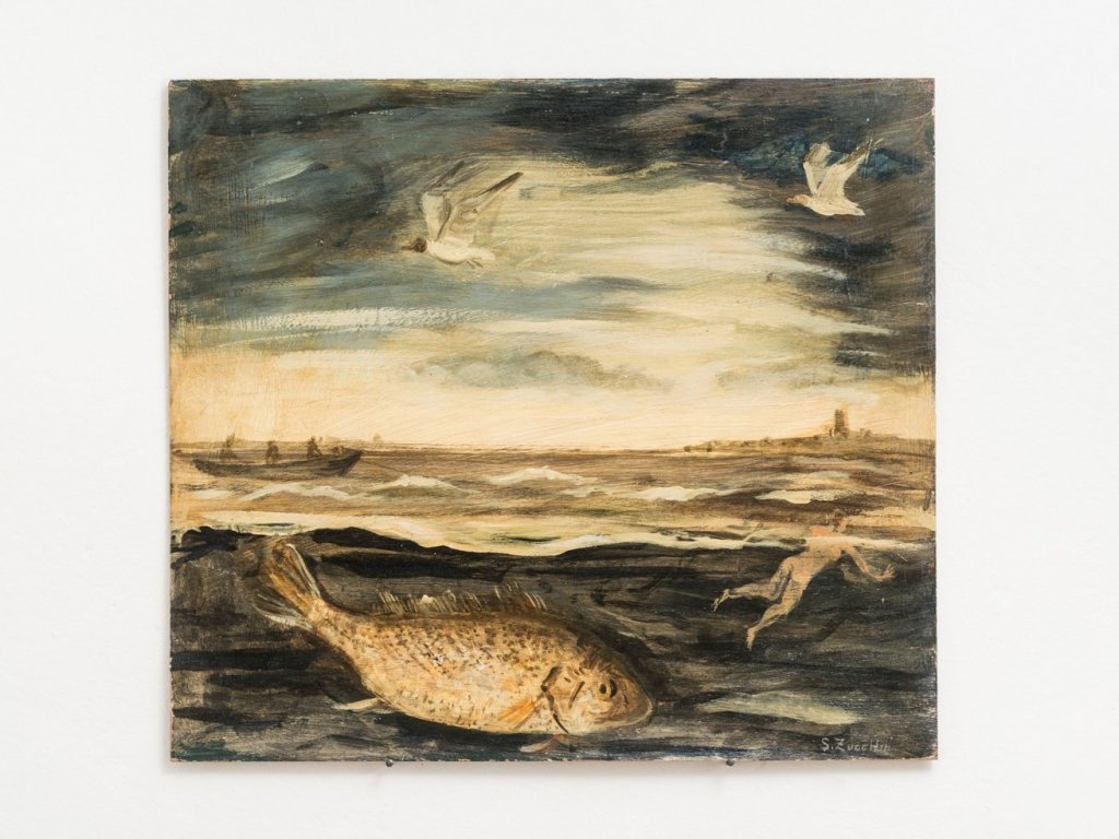 Luigi Zuccheri, Untitled (Bagnante con pesce e uccelli marini), 1950/55, tempera on board, 40x45 cm.