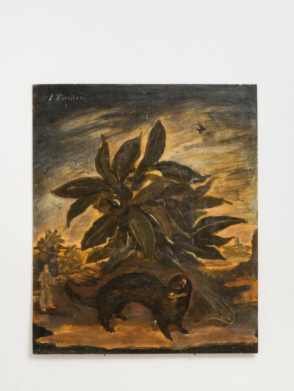 Luigi Zuccheri, Untitled (Cespuglio con faina, calabrone e frate), 1950/55, tempera on board, 40x45 cm. Courtesy MMXX Milan.