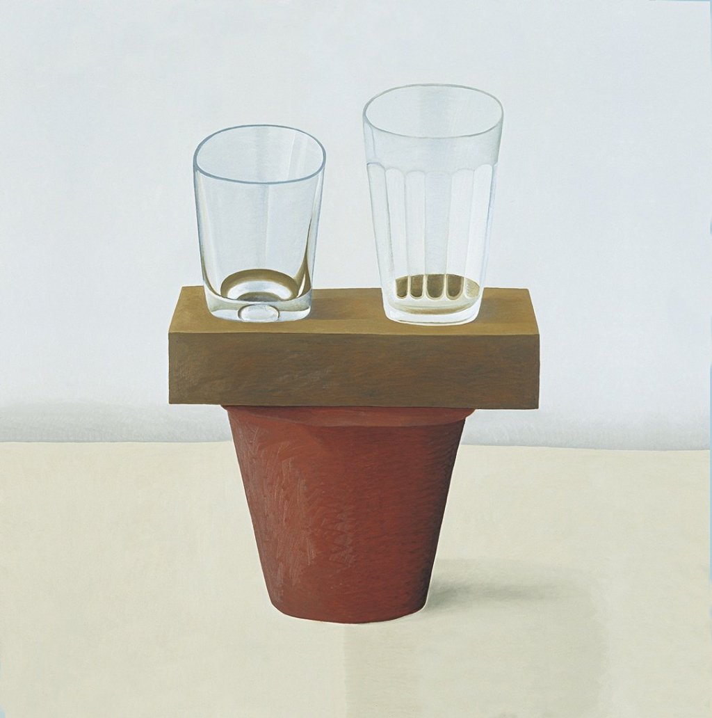 two glasses on a brick and pot