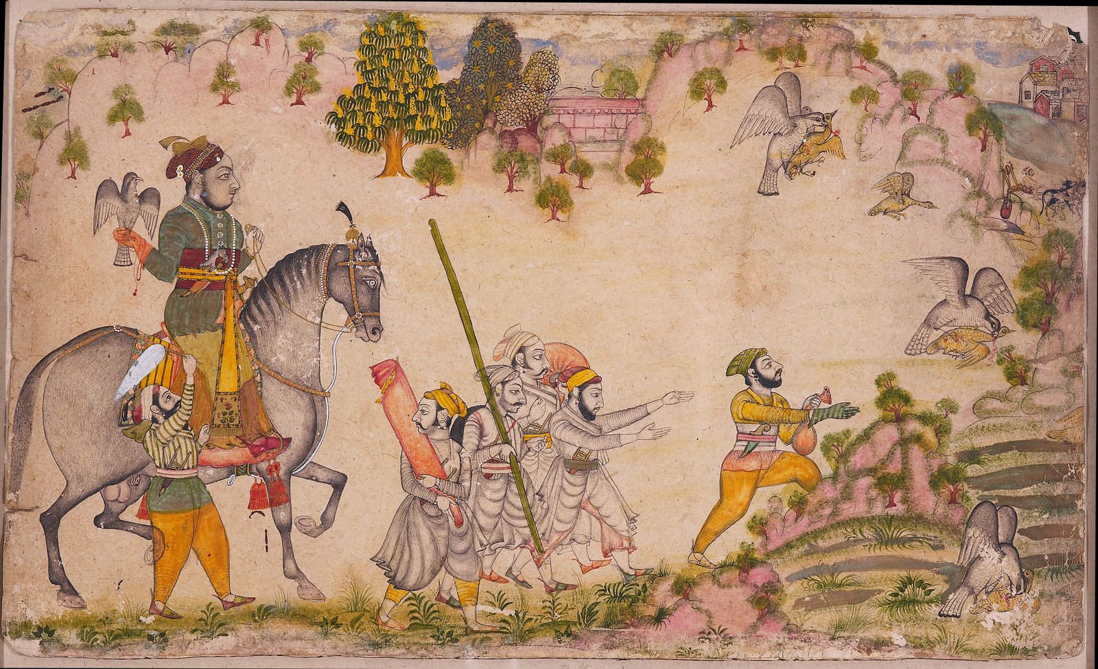 Attributed to The Stipple Master (Indian, active ca. 1690– 1715)
Sangram Singh Hawking
Rajasthan, Udaipur, ca. 1705–10
Opaque watercolor, gold and ink on paper Image:
31 × 43.5 cm
Howard Hodgkin Collection, Purchase, Gift of Florence and Herbert Irving, by exchange, 2022
2022.224