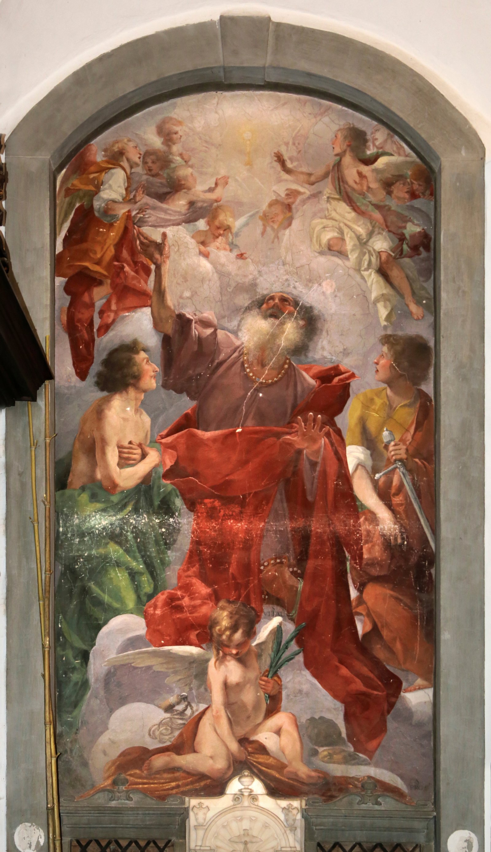 Cecco Bravo, San Vitale and his sons Gervasius and Protasius in adoration of the Blessed Sacrament, Florence, basilica of the Santissima Annunziata, chapel of the Madonna.